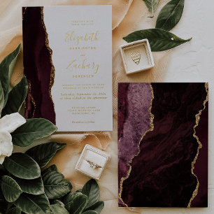 Modern Burgundy Red Gold Agate Wedding Folie Uitnodiging