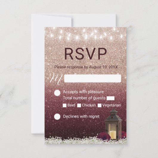 Modern Burgundy Roos Gold Lantern Wedding RSVP (Voorkant)