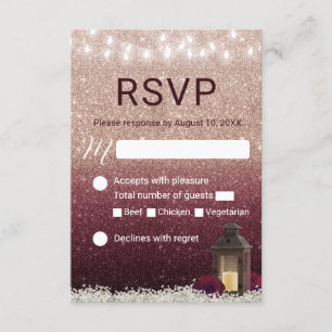 Modern Burgundy Roos Gold Lantern Wedding RSVP Kaartje