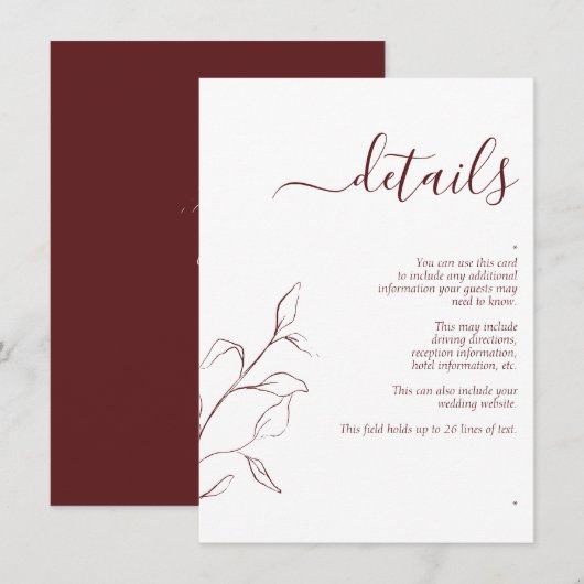 Modern Burgundy Script Wedding Details Enclosure Informatiekaartje (Voorkant / Achterkant)