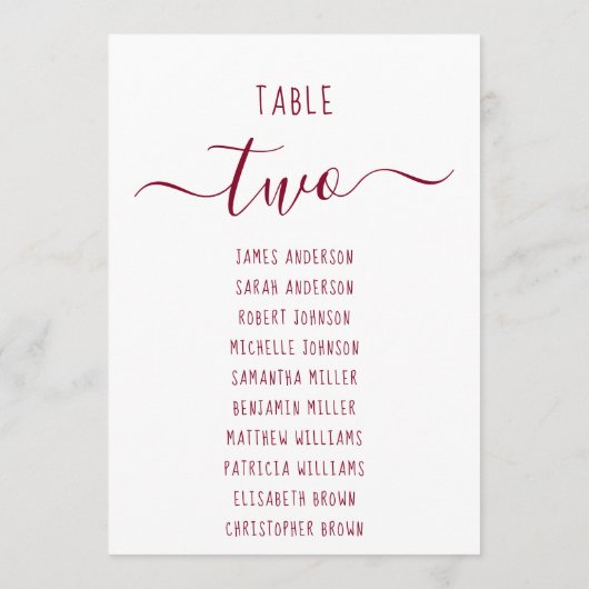 Modern Burgundy Script White Seating Chart Card (Achterkant)