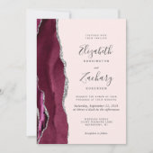Modern Burgundy Silver Agate Blush Pink Wedding Kaart (Voorkant)