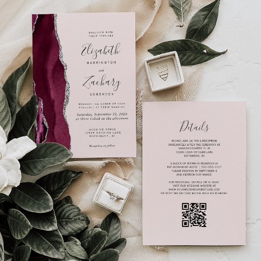 Modern Burgundy Silver Agate Blush QR Code Wedding Kaart