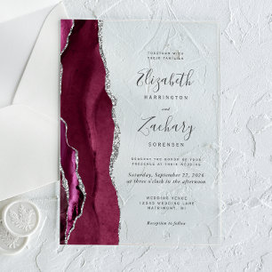 Modern Burgundy Silver Agate Wedding Acryl Uitnodigingen