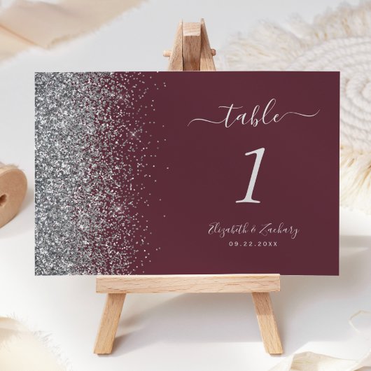 Modern Burgundy Silver Glitter Edge Wedding Kaart