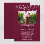 Modern Burgundy String Lights Photo Wedding Kaart (Voorkant / Achterkant)