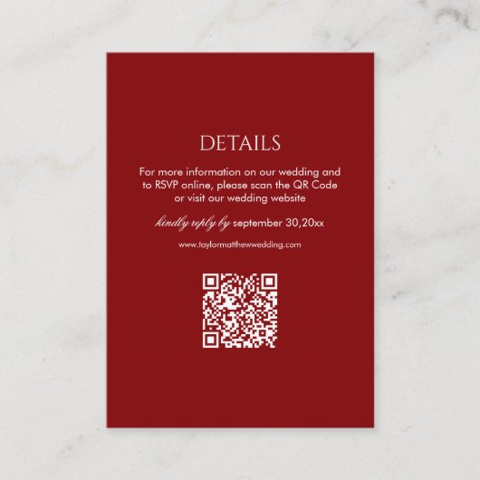 Modern Burgundy Wedding Details Qr Code Informatiekaartje (Voorkant)