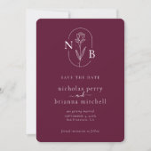 Modern Burgundy Wedding Monogram Minimalist Save The Date (Voorkant)