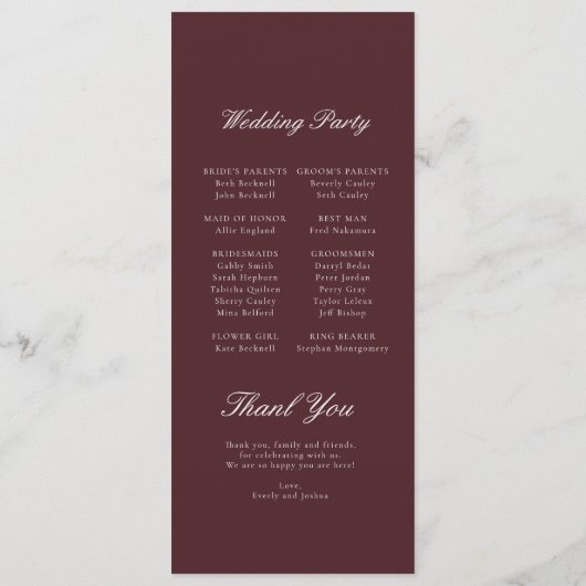 Modern Burgundy Wedding Program Programma (Achterkant)