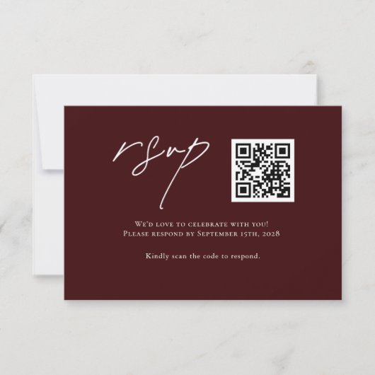 Modern Burgundy Wedding RSVP Card with QR Code (Voorkant)
