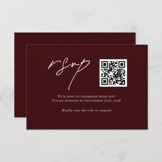 Modern Burgundy Wedding RSVP Card with QR Code (Devant / Derrière)