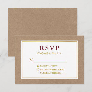 Modern Burgundy White Gold Kraft RSVP Kaartje