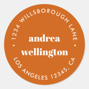 Modern Burnt Oranje Typografie Return Address Ronde Sticker
