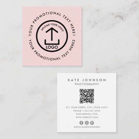 Modern Business Logo Scannable QR Code Blush Pink Vierkante Visitekaartje (Voorkant / Achterkant)