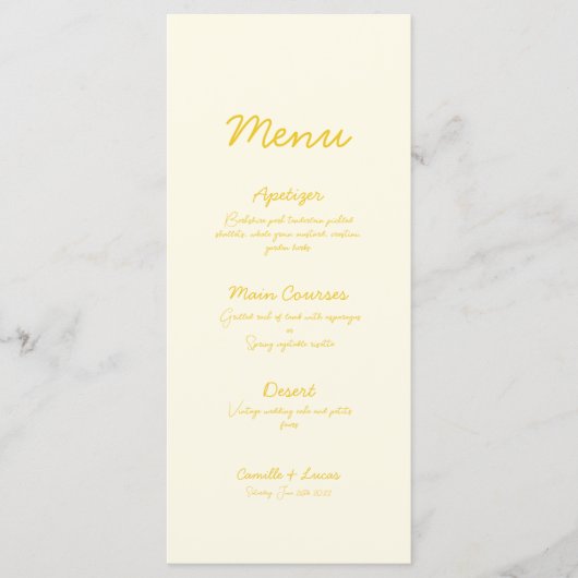 Modern Butter Yellow Wedding Menu (Voorkant)