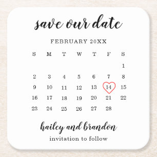 Modern Calendar Red Heart Wedding Save the Date Vierkante Kartonnen Onderzetter