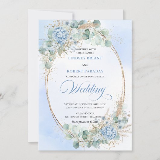 Modern Calligraphy Blue Floral Gold Wedding Invite Kaart (Voorkant)
