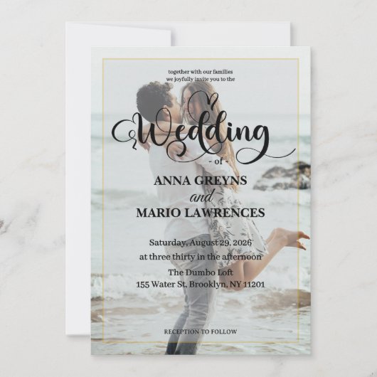 Modern Calligraphy Photo Faux Gold Wedding  Kaart (Voorkant)