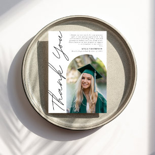 Modern Casual Script Arch Photo Afstuderen Black Bedankkaart