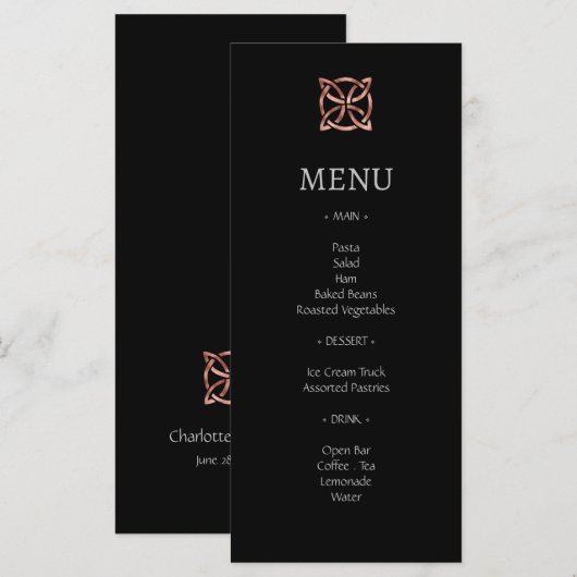 Modern Celtic Knot Roos Gold Wedding Menu (Voorkant / Achterkant)