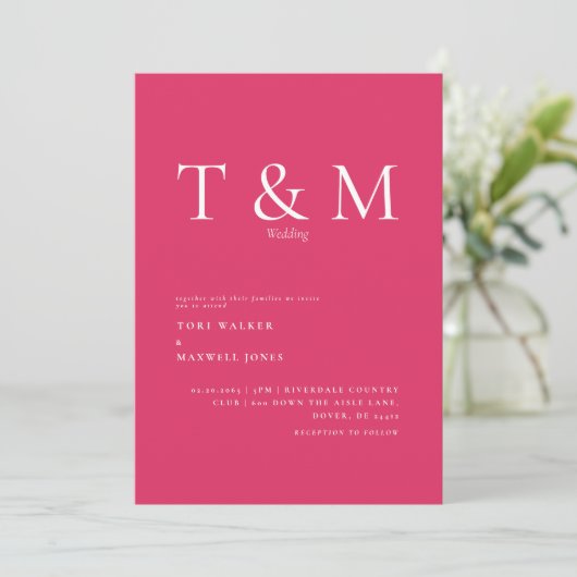 Modern Cerise Monogram No Parents Wedding Kaart (Staand voorkant)