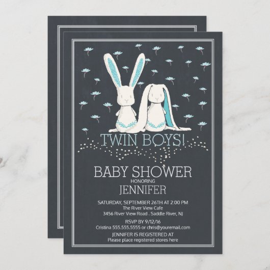 Modern Chalkboard Bunny TWIN Boys Baby shower Kaart (Voorkant / Achterkant)