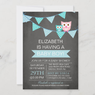 Modern Chalkboard Bunting Owl Boy Baby shower Kaart