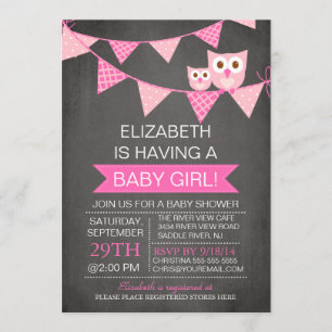 Modern Chalkboard Bunting Owl GIRL Baby shower Kaart