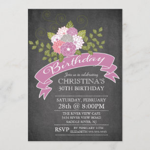 Modern Chalkboard Purple Flowers Birthday Party Kaart