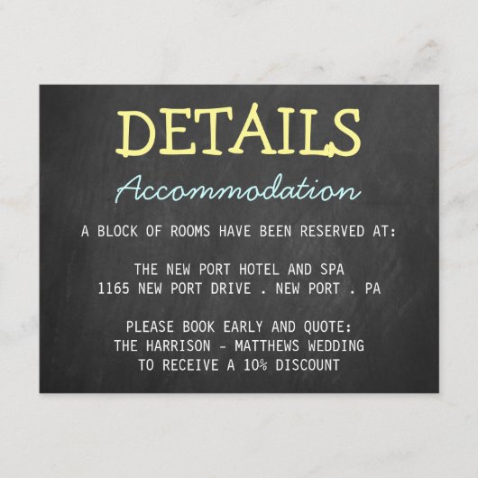 Modern Chalkboard Typografie Bruiloft Detail Kaart (Voorkant)