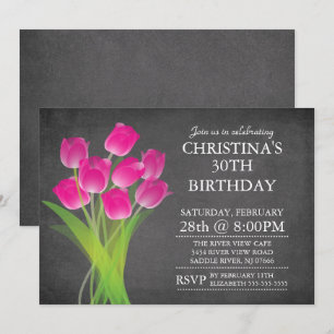 Modern Chalkboard Typographic Tulip Birthday Party Kaart