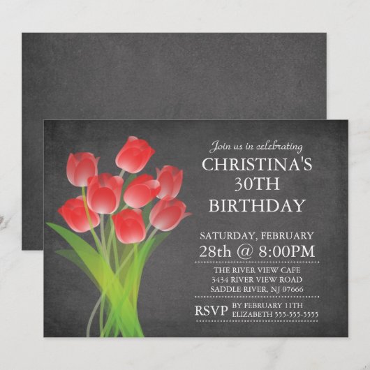 Modern Chalkboard Typographic Tulip Birthday Party Kaart (Voorkant / Achterkant)