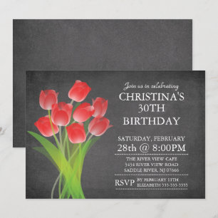 Modern Chalkboard Typographic Tulip Birthday Party Kaart