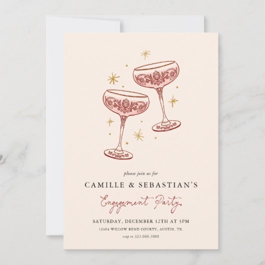Modern Champagne Coupe Engagement Party Invitation Kaart (Voorkant)