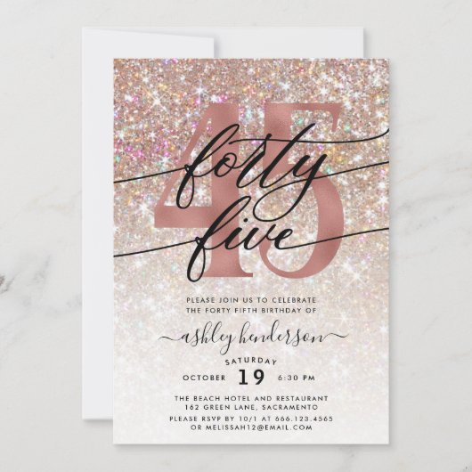 Modern Champagne Glitter 45th Birthday Invitation Kaart (Voorkant)