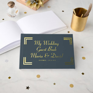 Modern Charcoal Golden Border Wedding Gastenboek