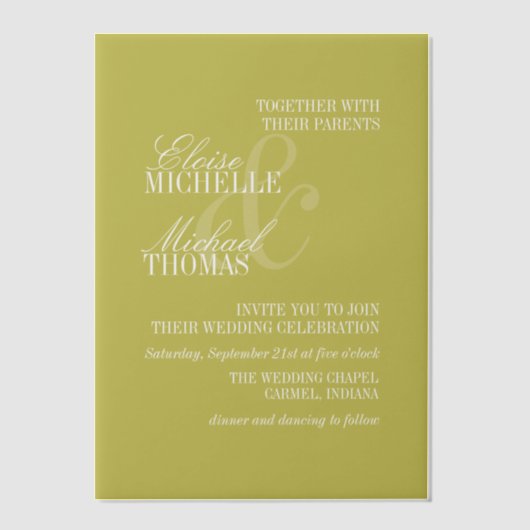 Modern Chartreuse Script Formal Wedding Vellum Uitnodigingen (Voorkant)