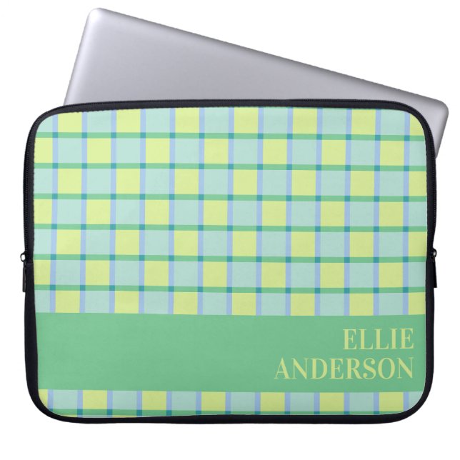 Modern Checker Blue Green Lime Personalized  Laptop Sleeve (Voorkant)