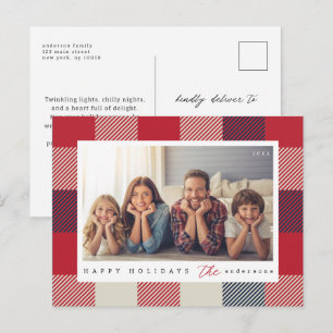 Modern Checker Patroon Kerstmis Familie Foto Briefkaart