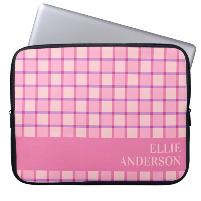 Modern Checker Pink Purple Personalized Laptop Sleeve (Voorkant)