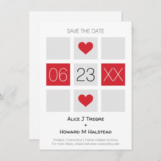 Modern Checkerboard Wedding Date Names in Red Save The Date (Voorkant / Achterkant)