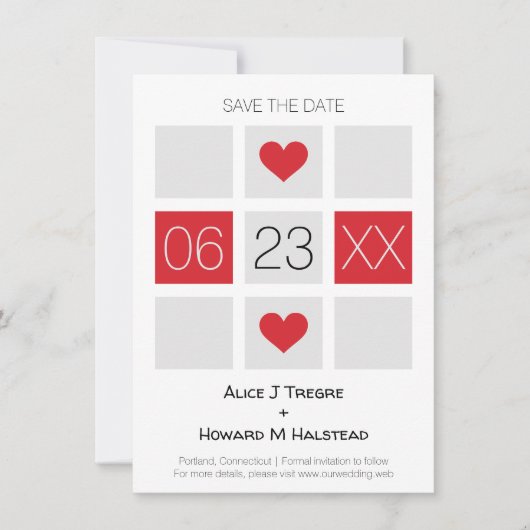 Modern Checkerboard Wedding Date Names in Red Save The Date (Voorkant)