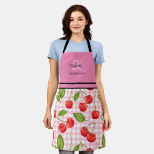 Modern Cherry Pattern Monogram Naam Roze Schort