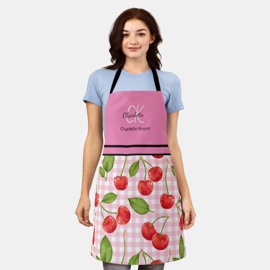 Modern Cherry Pattern Monogram Naam Roze Schort (Gedragen)