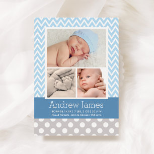 Modern Chevron Baby Blue Grey Foto Birth Aankondiging