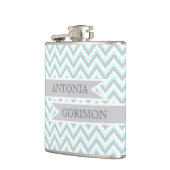 Modern chevron gray, aqua bruiloft gepersonaliseer heupfles (Links)