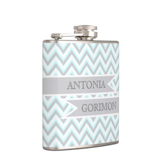 Modern chevron gray, aqua bruiloft gepersonaliseer heupfles (Rechts)