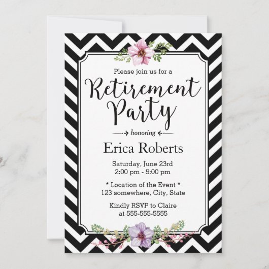 Modern Chevron Stripes Floral Retirement Party Kaart (Voorkant)
