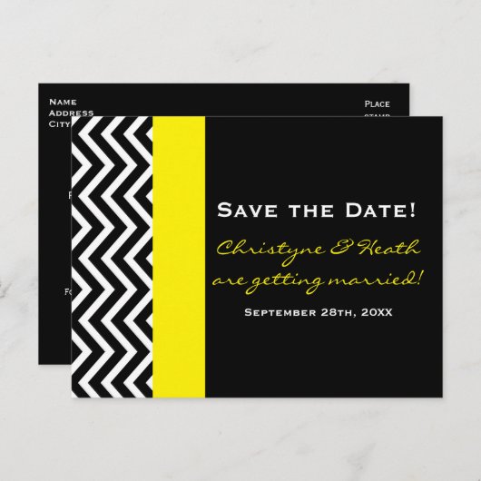 Modern Chevron Zwart & Geel Save Date Briefkaart (Voorkant / Achterkant)