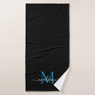 Modern Chic Black Ocean Blue Monogram Script Naam Badhanddoek